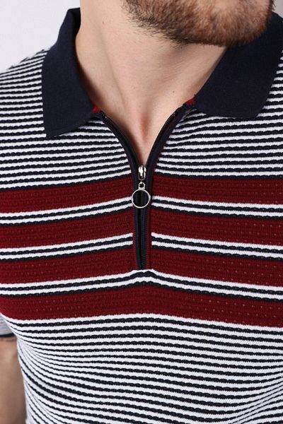Ferraro Navy/burgundy Polo Collar Zippered 100% Cotton Men's Knitwear T-shirt