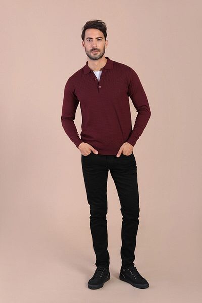 Ferraro Pulover de lână superfină pentru bărbați cu guler polo burgundy