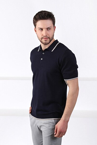 Ferraro Navy/white Collar Stripe Buttoned 100% Cotton Men's Knitwear T-shirt