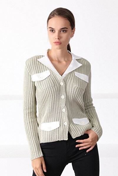 Ferraro Kadın Açıkçağla Gömlek Yaka  Triko Hırka