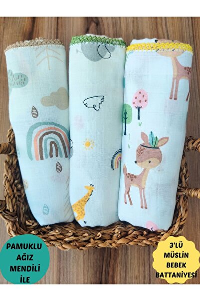 CATRE 3'LÜ ÇOK AMAÇLI MÜSLİN BEBEK BATTANİYESİ BEBEK PUSET ÖRTÜSÜ %100 PAMUKL...