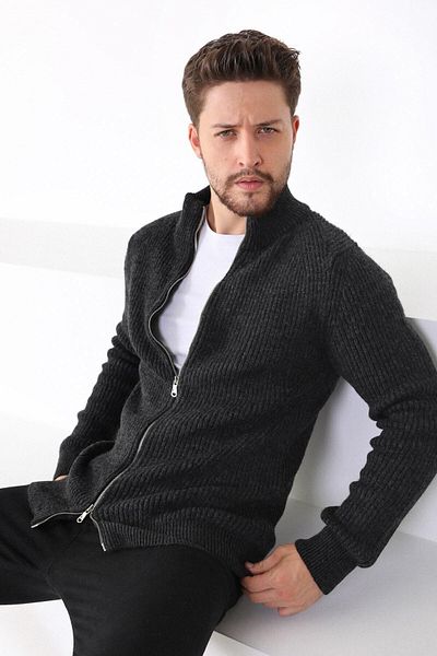 Ferraro Ανδρική πλεκτή ζακέτα με διπλό φερμουάρ Anthracite