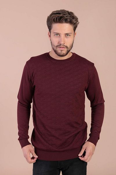 Ferraro Pulover de lână superfină pentru bărbați cu gât roșu - Roșu Claret 4059