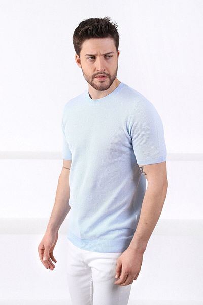 Ferraro A.albastru/alb Tricou tricotat pentru bărbați, 100% bumbac, cu model cu ochiuri