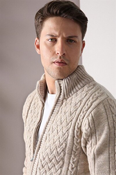 Ferraro Erkek Bej Fermuarlı Kalın Yün Triko Hırka