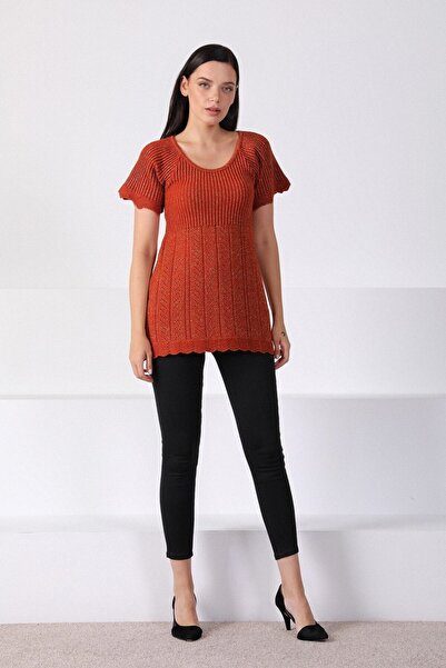 Ferraro Women's Orange Round Neck Waist Drawstring Knitwear Sweatshirt