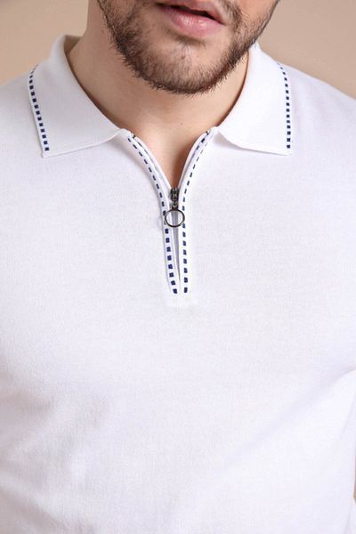 Ferraro Tricou alb pentru bărbați, 100% bumbac, cu fermoar, cu guler polo