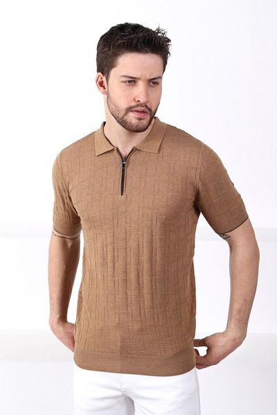 Ferraro Ανδρικό πλεκτό μπλουζάκι Camel Polo Collar με φερμουάρ 100% βαμβακερό