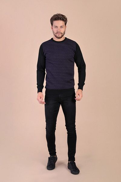 Ferraro Pulover negru din lână superfină pentru bărbați, cu gât crew, 3986