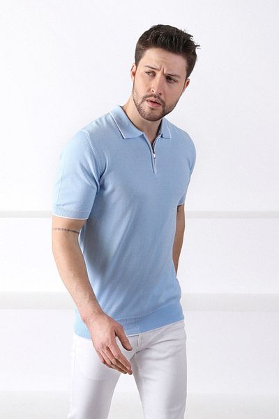 Ferraro Tricou pentru bărbați, 100% bumbac, cu fermoar, cu guler cu dungi
