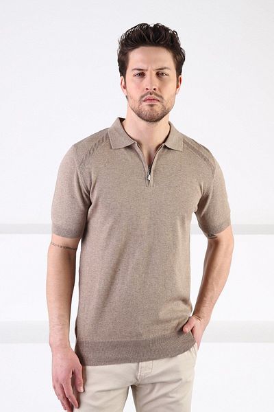 Ferraro Beige Zippered Polo Collar 100% Cotton Men's Knitwear T-shirt