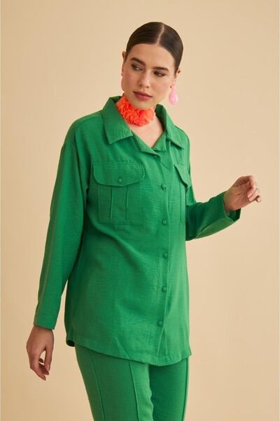 Basicpark Raxy Pocketed and Ribbed Linen Green Shirt and Trousers Set