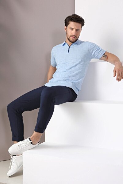 Ferraro Blue Polo Collar Zippered 100% Cotton Men's Knitwear T-shirt