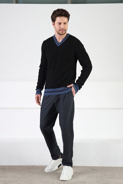 Ferraro Siyah/indigo V Yaka %100 Kuzu Yünü Erkek Kazak