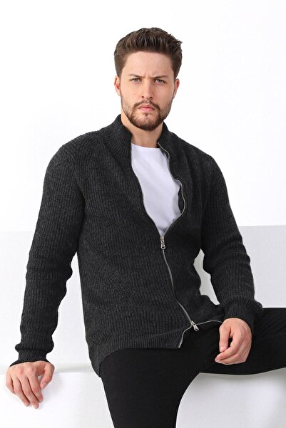 Ferraro Men's Anthracite Double Zippered Knitwear Cardigan