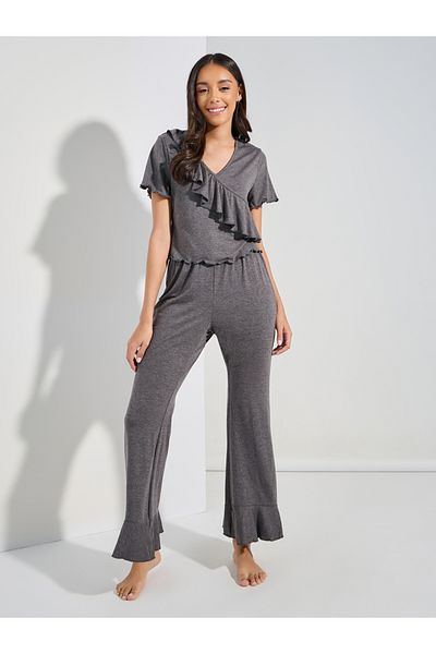 Styli Ruffled V Neck T-Shirt & Full Length Pyjama Set