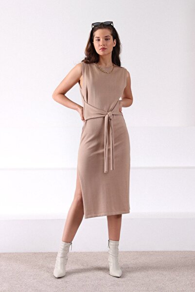Ferraro Women's Beige Belted Cotton Knitwear Dress