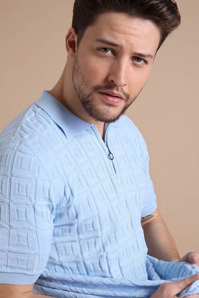 Ferraro Tricou pentru bărbați, 100% bumbac, cu fermoar, cu guler polo albastru