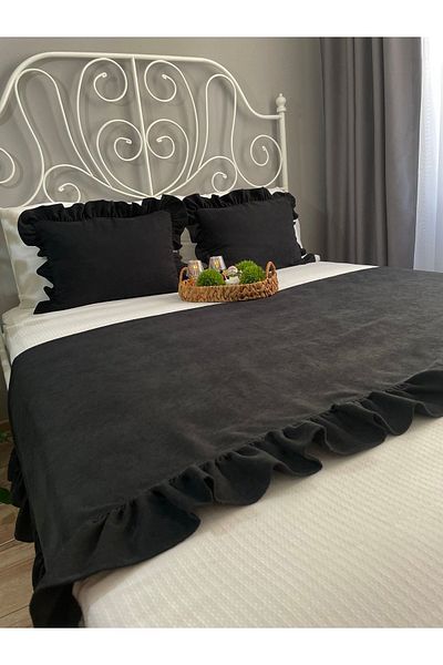 shules collection Double Black Ruffle Bed Set - Bed Shawl and Coverlet