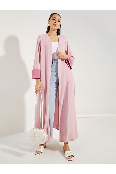 Styli Contrast Cuff Open Front Abaya