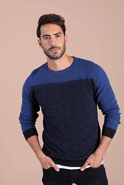 Ferraro Erkek Lacivert Bisiklet Yaka Pamuk İpek Kazak