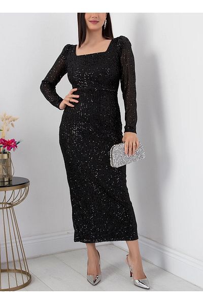Phoenix Women Sequined Square Collar Evening Dress