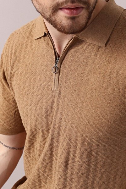Ferraro Ανδρικό πλεκτό μπλουζάκι Camel Polo Collar με φερμουάρ 100% βαμβακερό