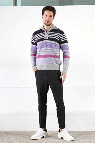 Ferraro A.gray Zippered Stand Collar 100% Lamb Wool Men's Sweater