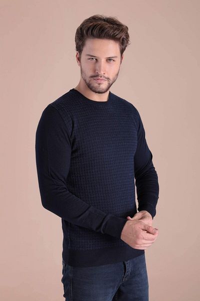 Ferraro Ανδρικό πουλόβερ Navy Blue Crew Neck Superfine μάλλινο πουλόβερ