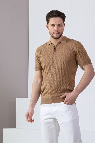 Ferraro Ανδρικό πλεκτό μπλουζάκι Camel Polo Collar με φερμουάρ 100% βαμβακερό