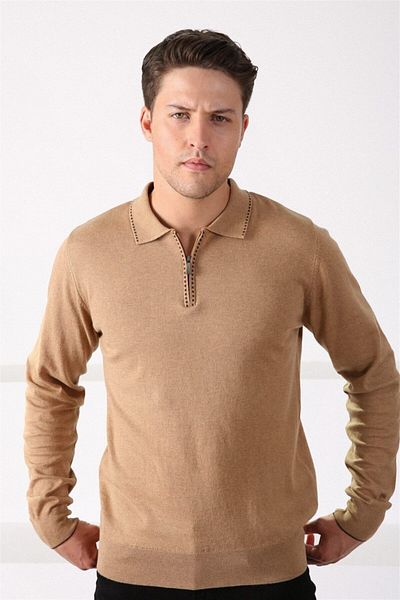Ferraro Мъжки пуловер от 100% памук с цип и яка Camel Polo