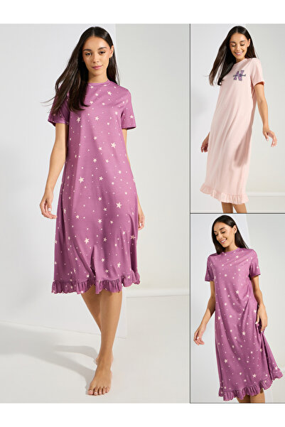 Styli حزمة من قطعتين - تنورة منتفخة بشعار AOP Star Sleep T-shirt Dress