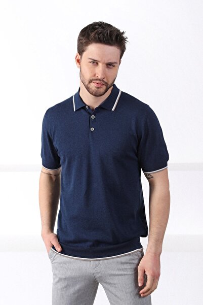 Ferraro A.navy/white Collar Stripe Buttoned 100% Cotton Men's Knitwear T-shirt