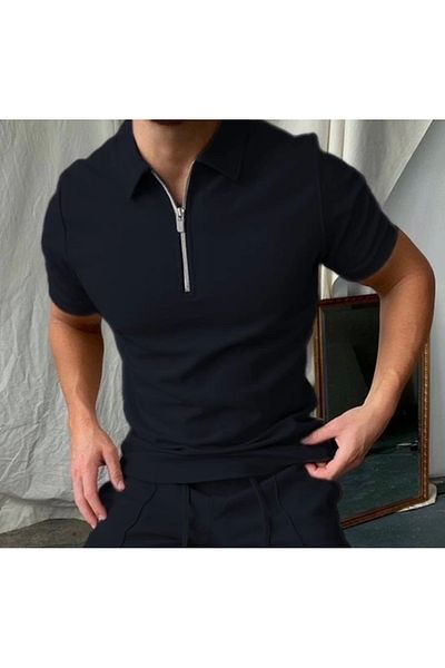 ayakuydur Navy Blue Men's T-Shirt - Zipper Detailed