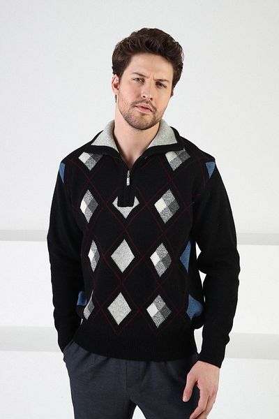 Ferraro Μαύρο/indigo Stand Collar με φερμουάρ 100% Lamb Wool Ανδρικό πουλόβερ