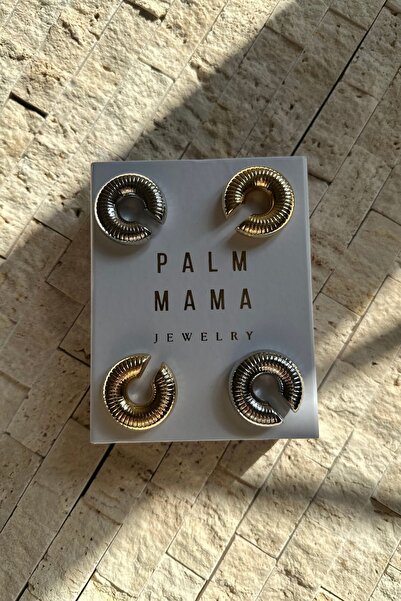 PALMMAMA Unisex Gold Trend Bombeli Çizgili Tekli Kalın Çelik Kıkırdak Halka Küpe