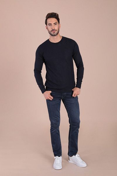 Ferraro Ανδρικό πουλόβερ Navy Blue Crew Neck Superfine μάλλινο πουλόβερ