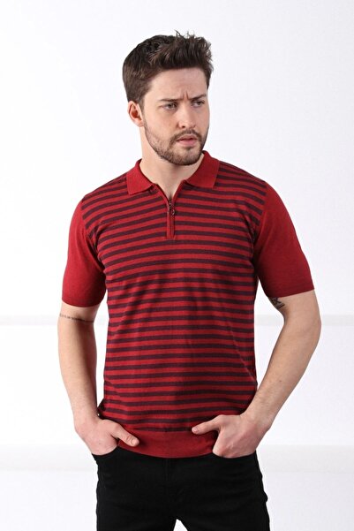Ferraro Cinnamon/navy Polo Collar Zippered 100% Cotton Men's Knitwear T-shirt