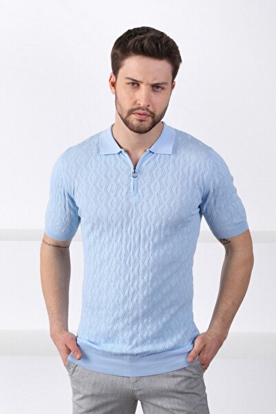 Ferraro Blue Polo Collar Zippered 100% Cotton Men's Knitwear T-shirt