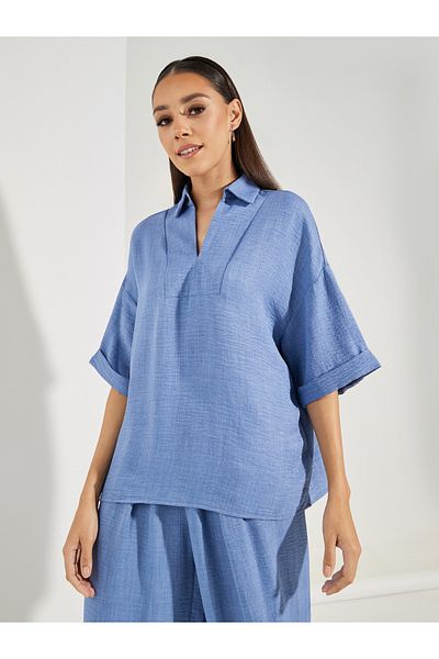 Styli Denim Look Top & Button Detail Pants Modest Set