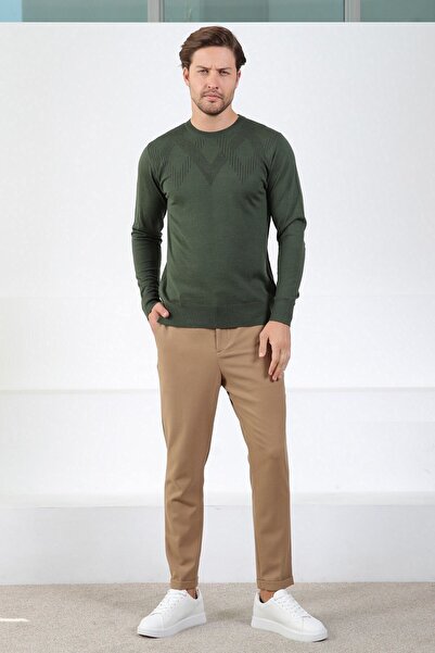 Ferraro Khaki Crew Neck Superfine Wool Men's Knitwear Sweater