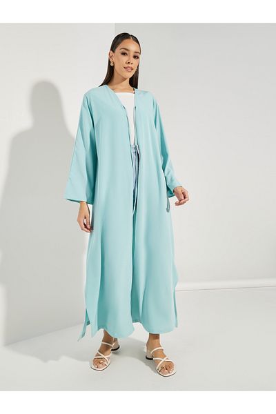 Styli Textured Abaya with Tie Front and Slit Sleeve Detail