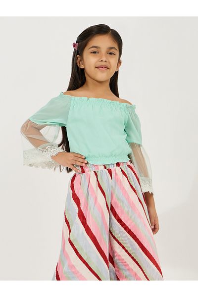 Styli Lace Insert Gathered Top & Plisse Pants Set
