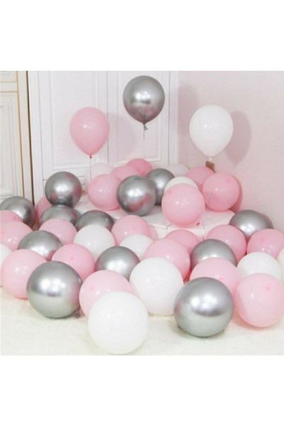 Öz-bal 30 Pieces Metallic Silver-Pink-White Helium Flying Balloons