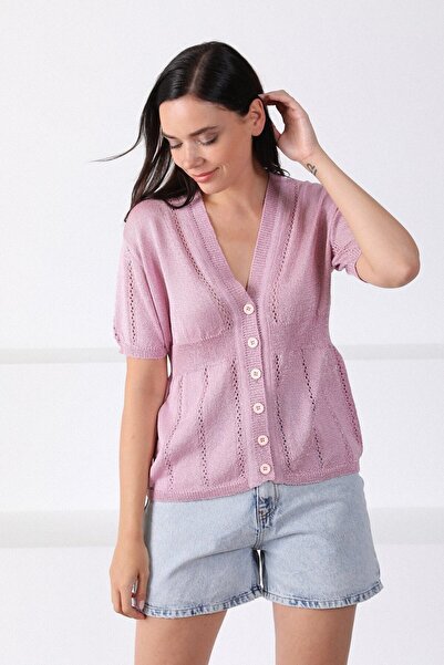 Ferraro Women's Pink V-Neck Buttoned Women's Knitwear Cardigan