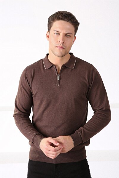 Ferraro Brown Polo Collar Zippered 100% Cotton Men's Sweater