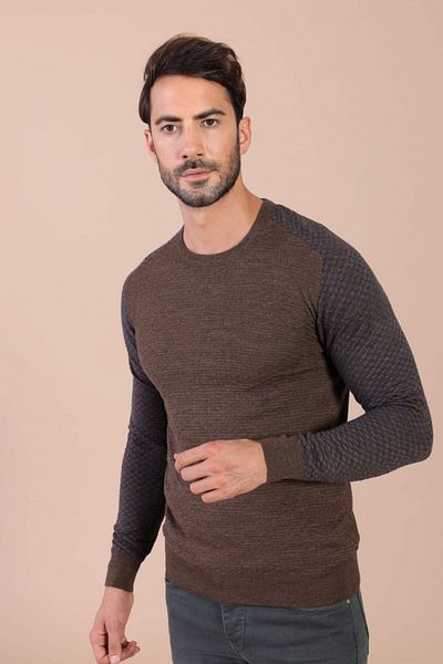 Ferraro Ανδρικό πουλόβερ από μαλλί καφέ Crew Neck Superfine