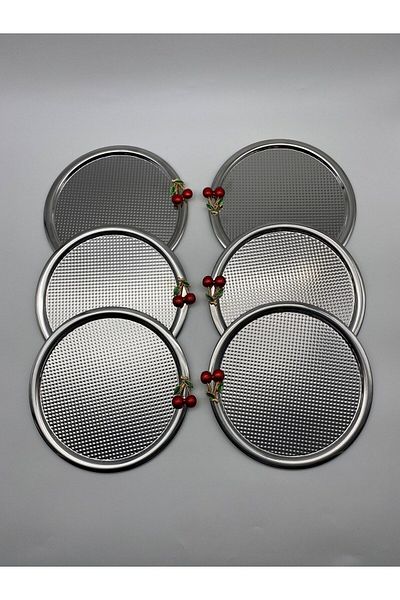 Fiyakalı Ürünler Atölyesi Round Silver Tea and Coffee Presentation Tray - 6-Piece Cherry, Single, 22cm Decorative Serving Tray