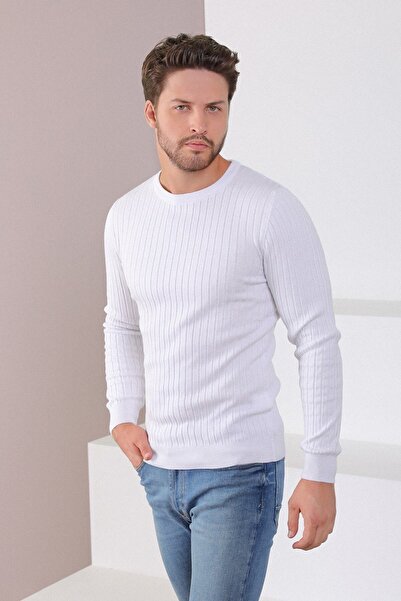 Ferraro Beyaz Bisiklet Yaka Fitilli Erkek Pamuk Kazak