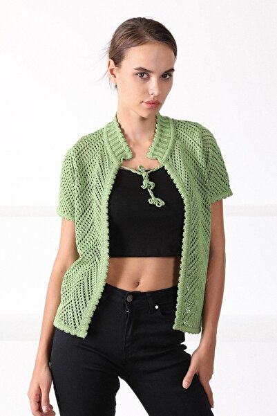 Ferraro Women's Pistachio Green Round Collar Cotton Knitwear Cardigan